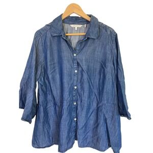 Foxcroft‎ NYC Blue Tencel Lyocell Peplum Button Down Shirt Bell Sleeve 18W Tunic